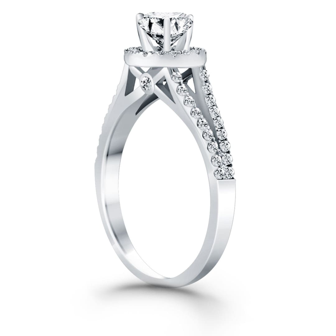 14k White Gold Diamond Halo Split Shank Engagement Ring | Richard Cannon Jewelry