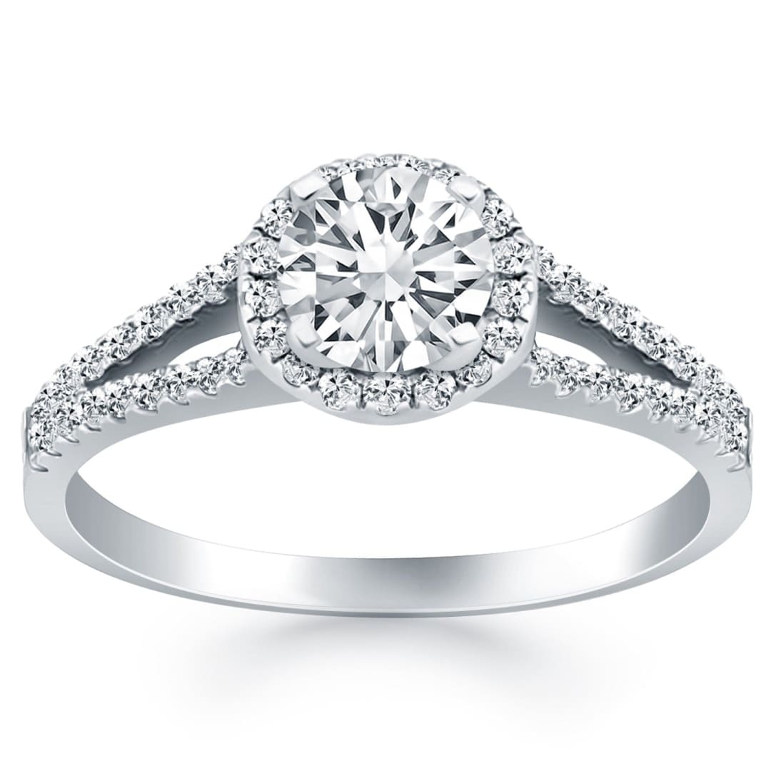 14k White Gold Diamond Halo Split Shank Engagement Ring | Richard Cannon Jewelry