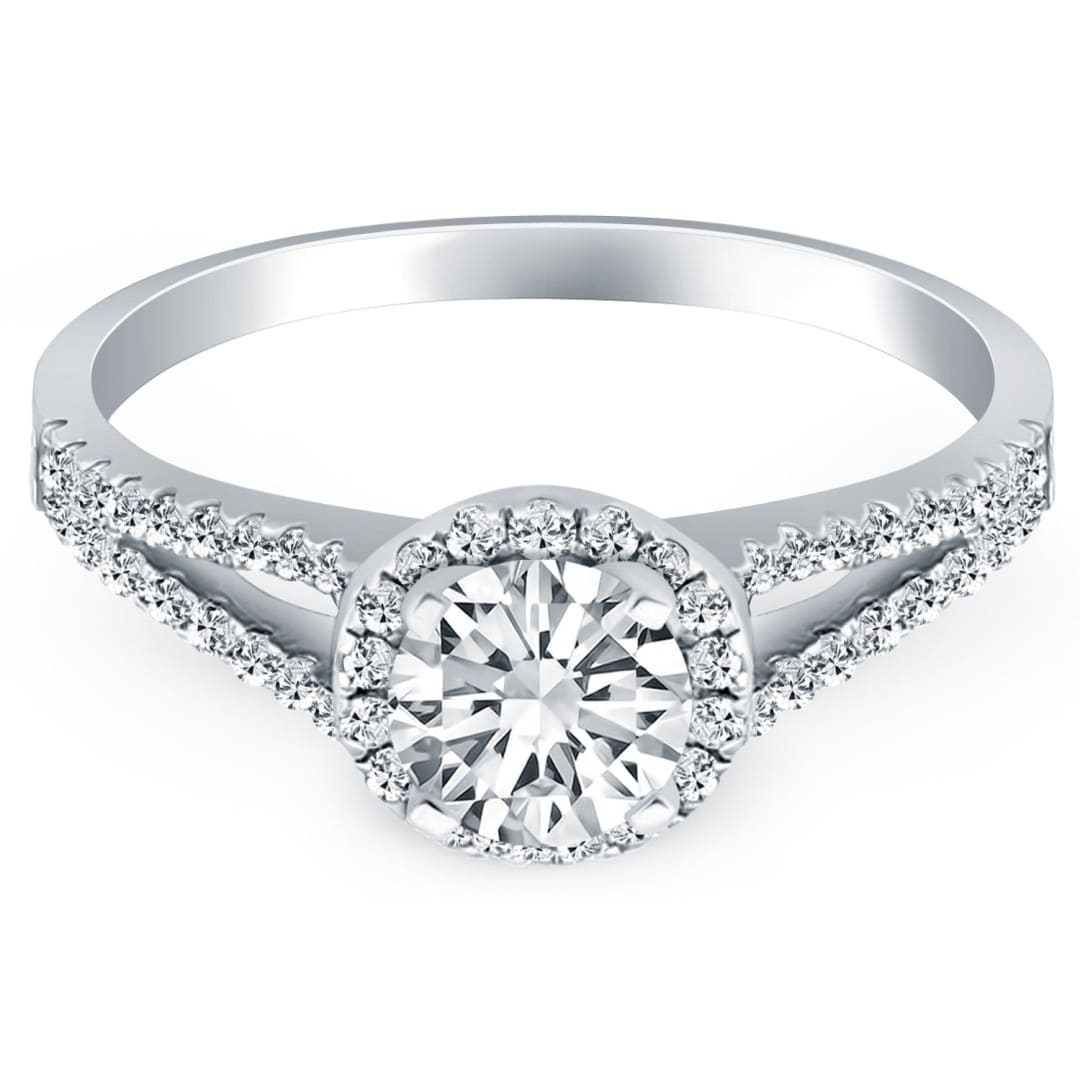 14k White Gold Diamond Halo Split Shank Engagement Ring | Richard Cannon Jewelry