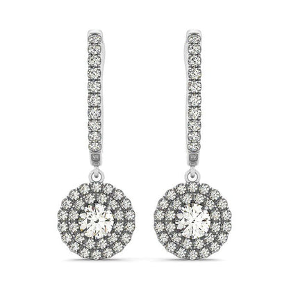 14k White Gold Double Halo Round Diamond Drop Earrings (1 cttw) | Richard Cannon Jewelry