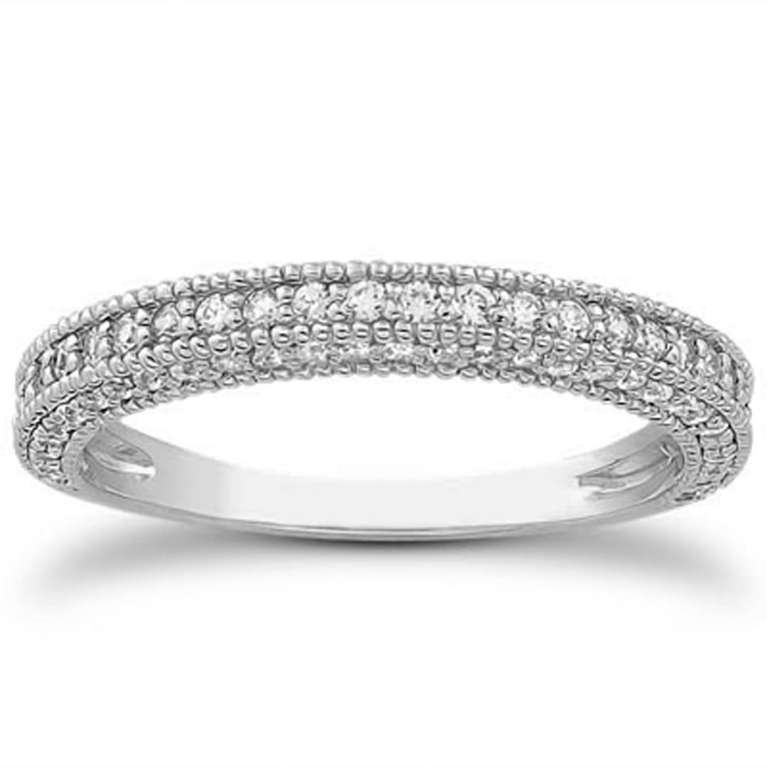 14k White Gold Fancy Pave Diamond Milgrain Textured Wedding Ring Band | Richard Cannon