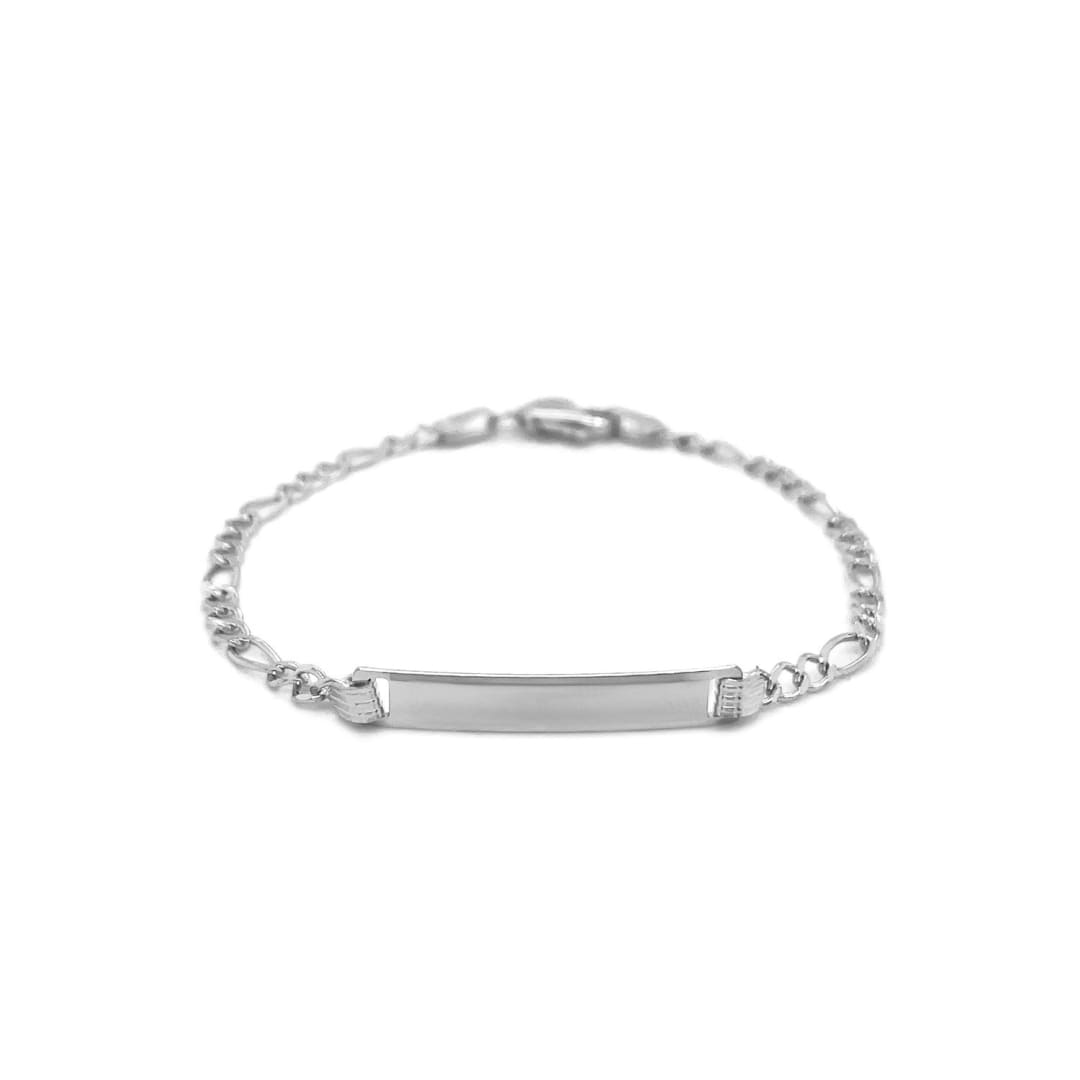 14k White Gold Figaro Chain Fancy Children’s ID Bracelet | Richard Cannon Jewelry