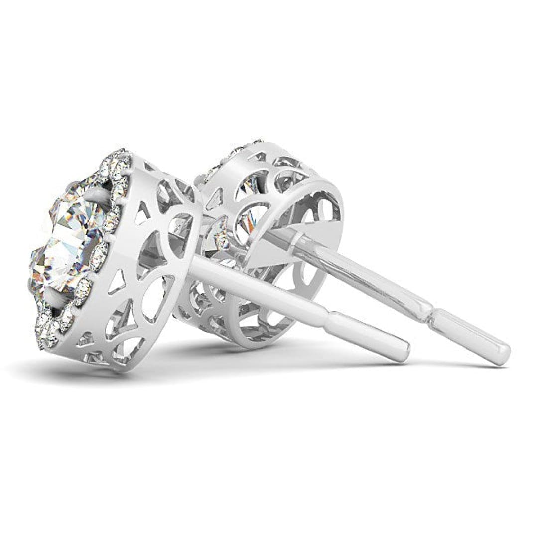 14k White Gold Four Prong Round Halo Diamond Earrings (1 1/6 cttw) | Richard Cannon
