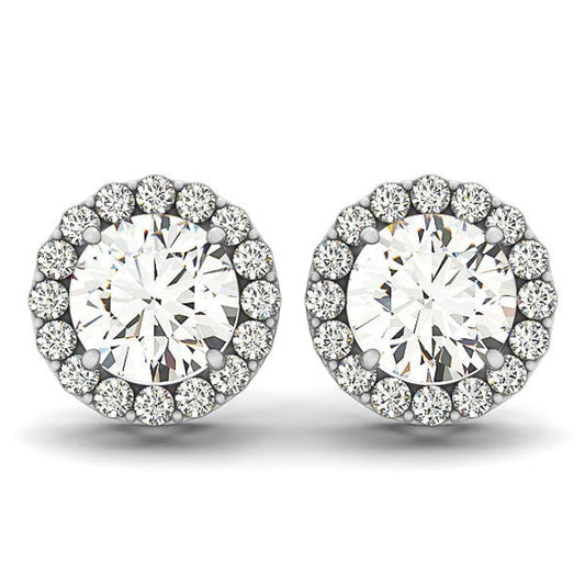 14k White Gold Four Prong Round Halo Diamond Earrings (1 1/6 cttw) | Richard Cannon