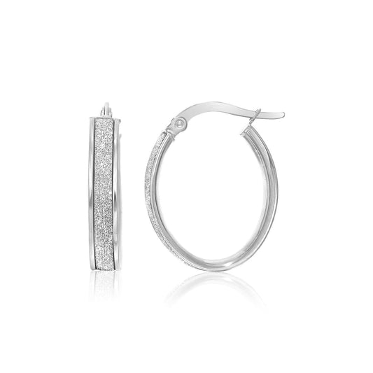 14k White Gold Glitter Center Oval Hoop Earrings(4x15mm) | Richard Cannon Jewelry