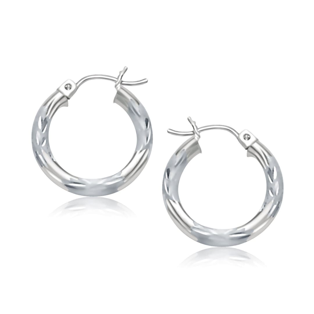 14k White Gold Hoop Earrings with Diamond Cuts (15mm) | Richard Cannon Jewelry