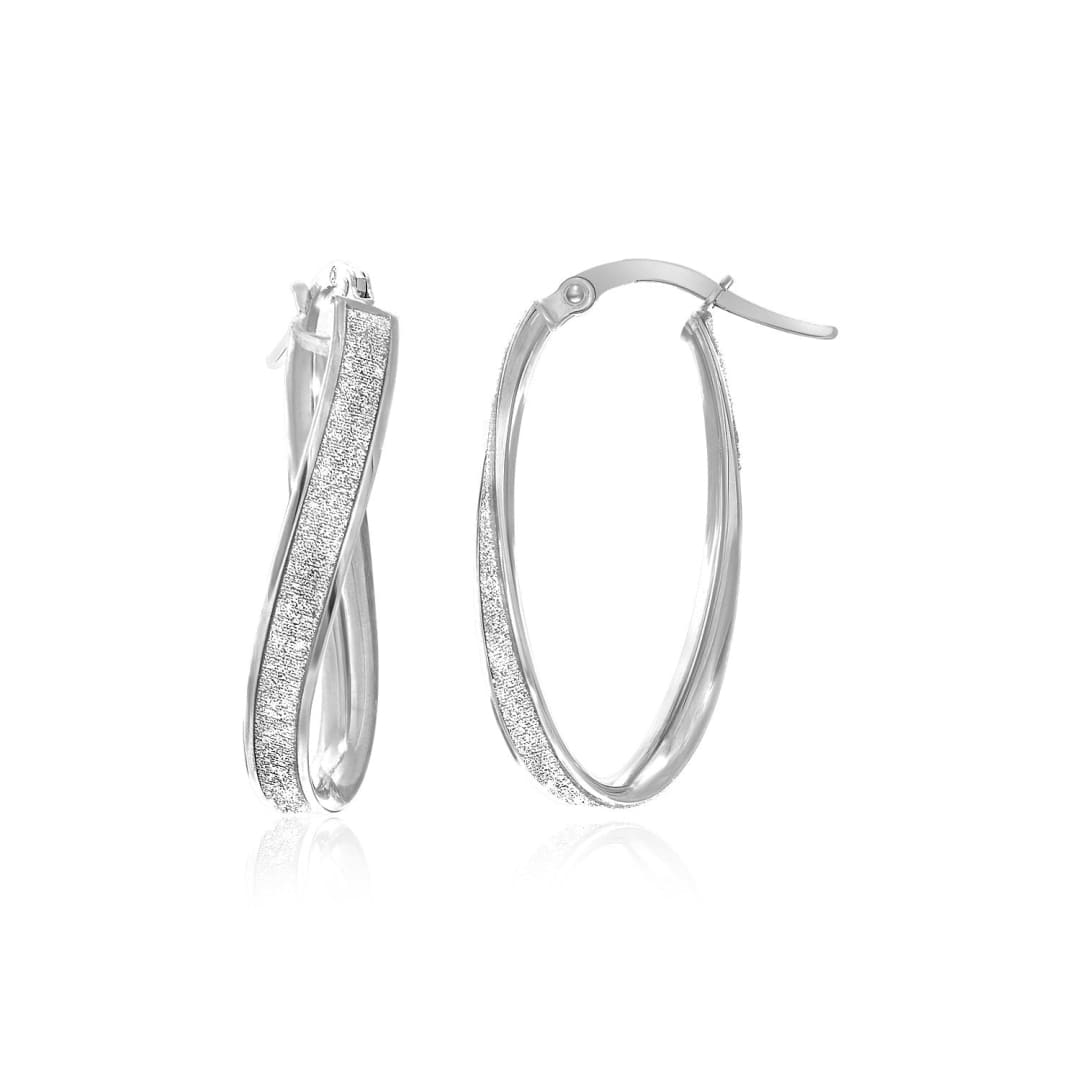 14k White Gold Oval Hoop Twist Glittery Earrings | Richard Cannon Jewelry