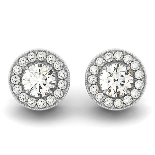14k White Gold Round Diamond Halo Milgrain Border Earrings (3/4 cttw) | Richard Cannon