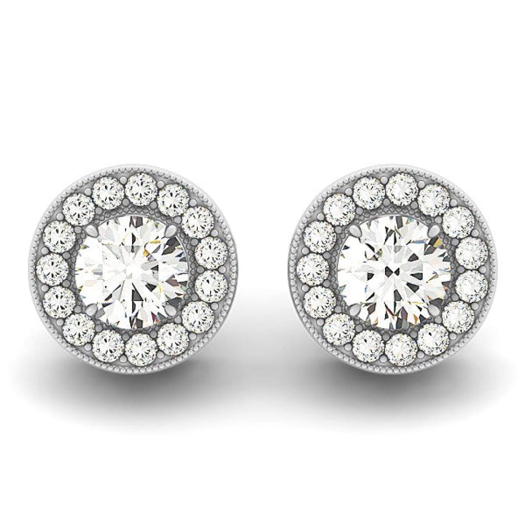 14k White Gold Round Diamond Halo Milgrain Border Earrings (3/4 cttw) | Richard Cannon