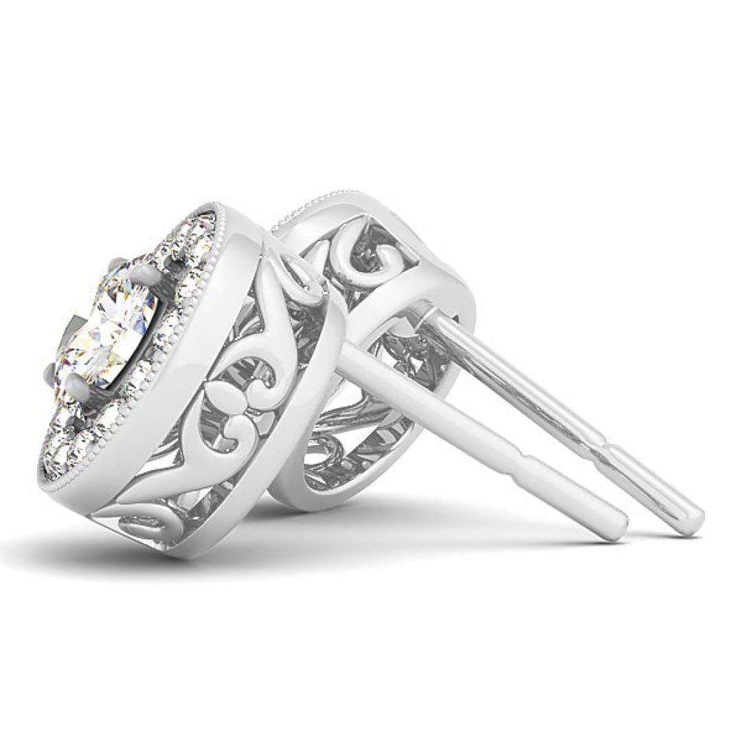 14k White Gold Round Diamond Halo Milgrain Border Earrings (3/4 cttw) | Richard Cannon