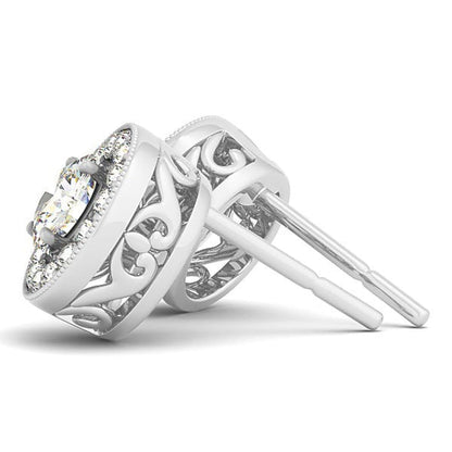 14k White Gold Round Diamond Halo Milgrain Border Earrings (3/4 cttw) | Richard Cannon