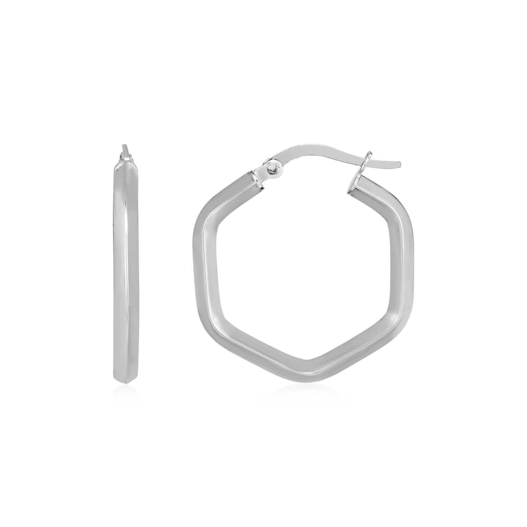 14k White Gold Shiny Hexagon Hoop Earrings | Richard Cannon Jewelry