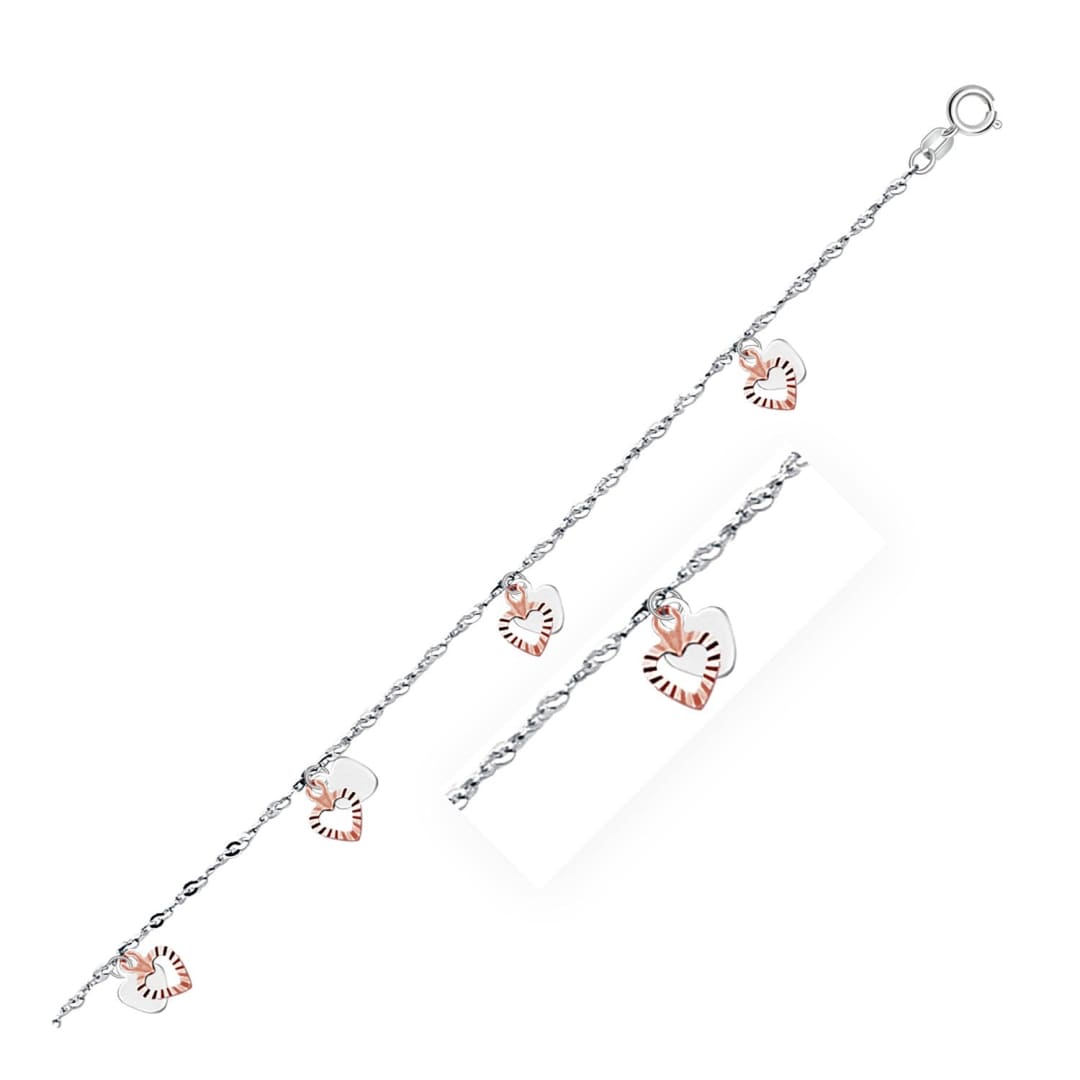 14k White and Rose Gold Anklet with Dual Heart Charms | Richard Cannon Jewelry
