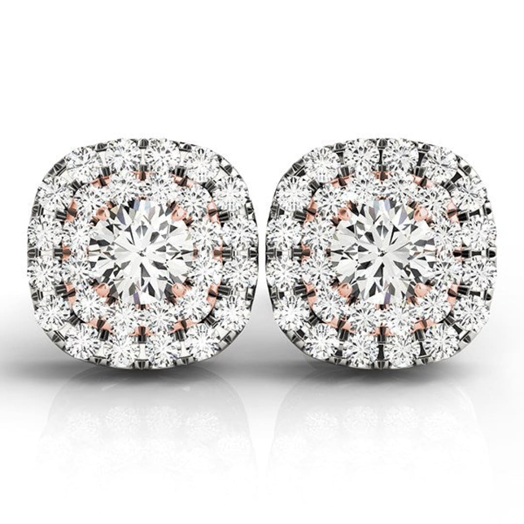 14k White and Rose Gold Cushion Shape Halo Diamond Earrings (3/4 cttw) | Richard Cannon