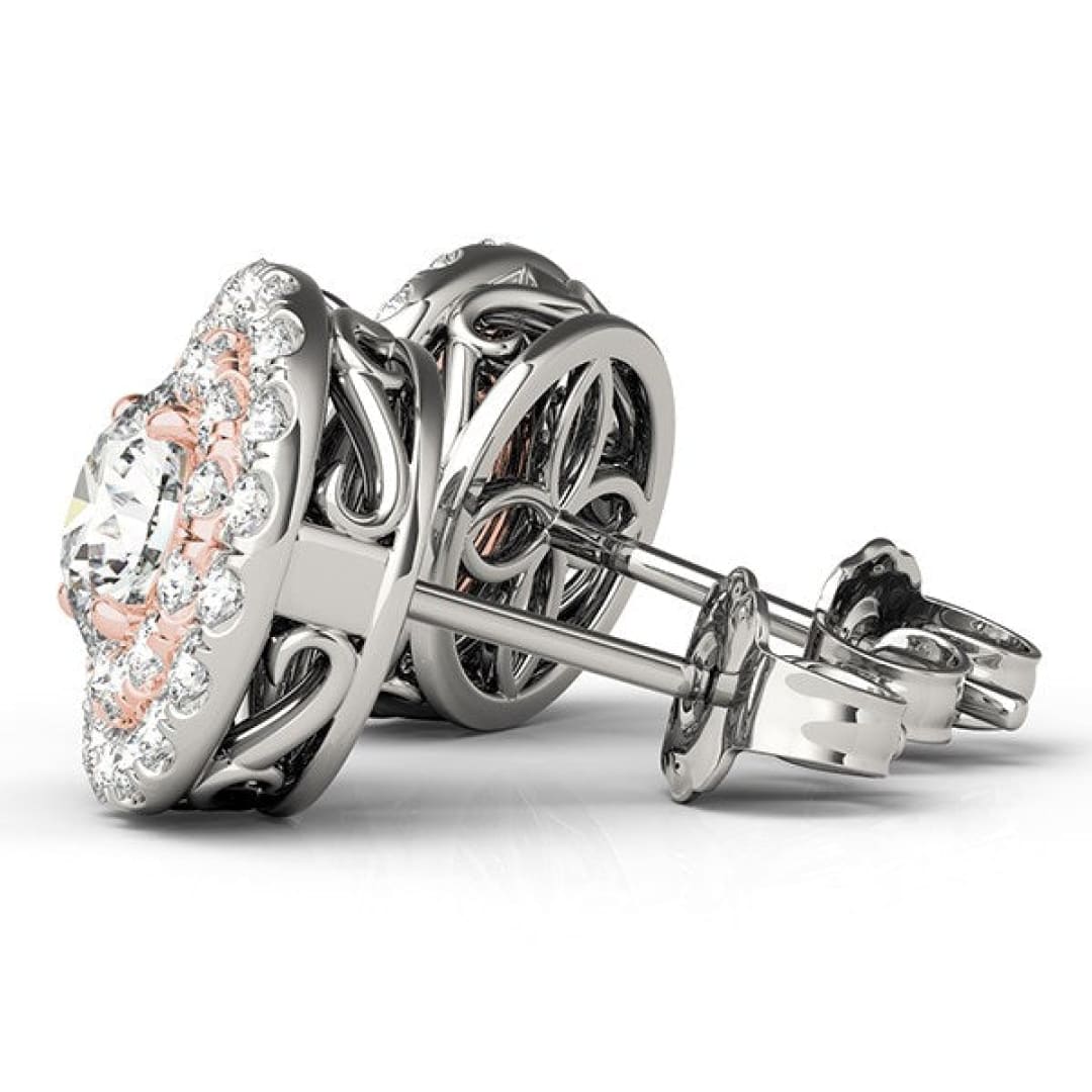 14k White and Rose Gold Round Halo Diamond Earrings (3/4 cttw) | Richard Cannon Jewelry