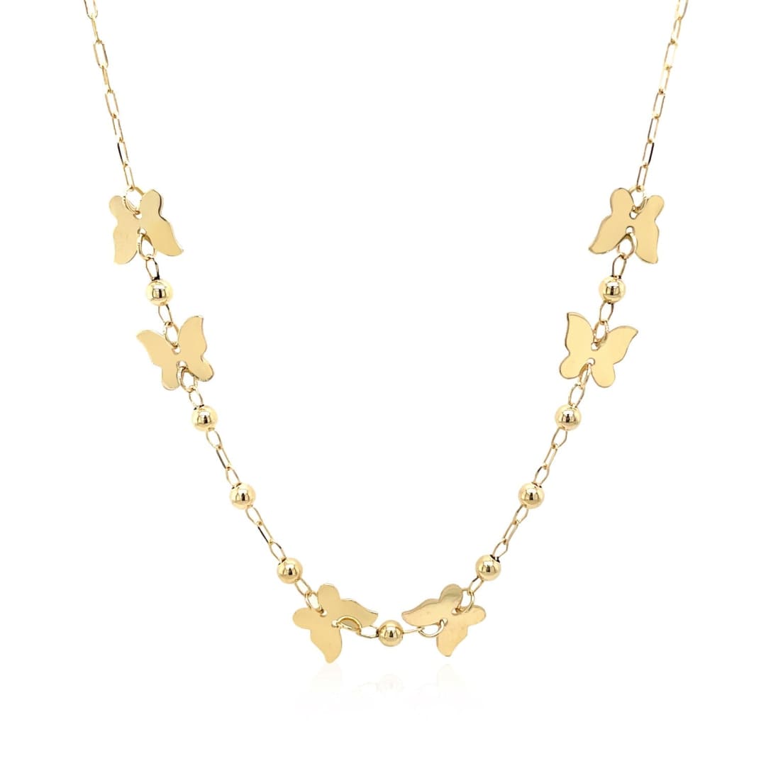 14k Yellow Gold 18 inch Necklace with Polished Butterflies and Beads | Richard Cannon