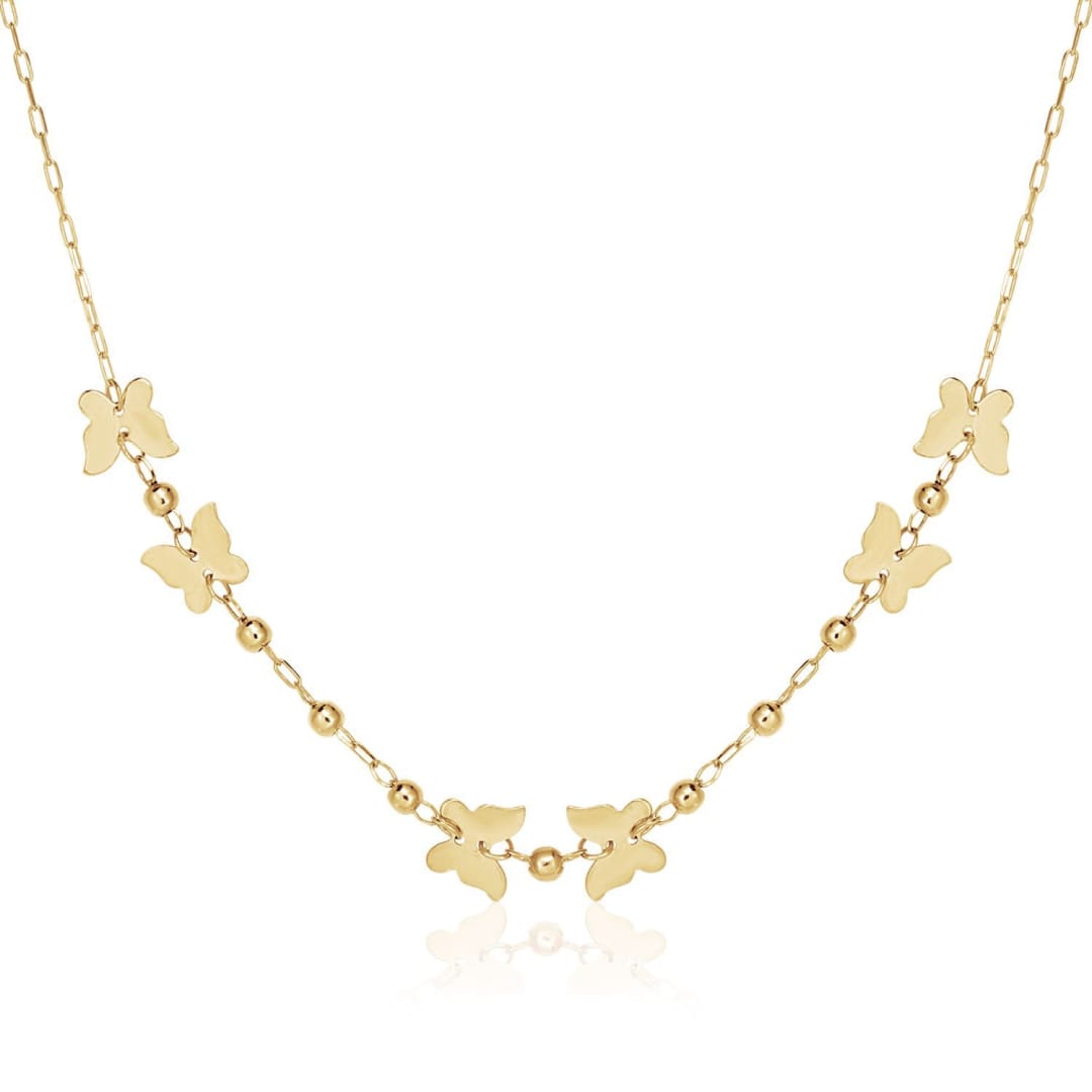 14k Yellow Gold 18 inch Necklace with Polished Butterflies and Beads | Richard Cannon