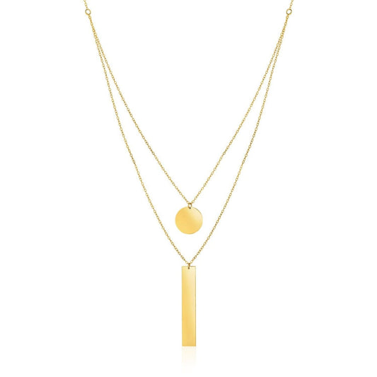 14k Yellow Gold 18 inch Two Strand Necklace with Circle and Bar Pendants | Richard Cannon