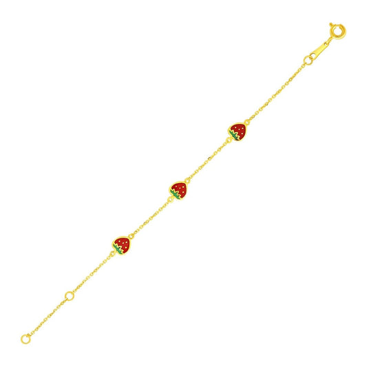 14k Yellow Gold 5 1/2 inch Childrens Bracelet with Enameled Strawberries | Richard Cannon