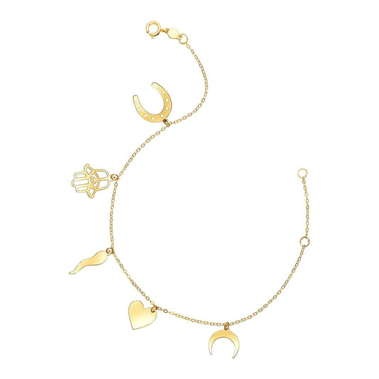 14k Yellow Gold 7 inch Bracelet with Polished Charms | Richard Cannon Jewelry