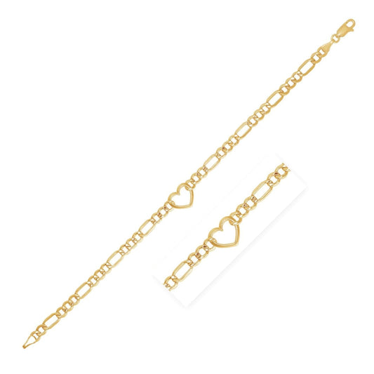 14k Yellow Gold 7 inch Figaro Chain Bracelet with Heart | Richard Cannon Jewelry