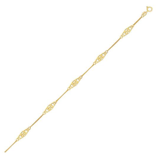 14k Yellow Gold Anklet with Fancy Diamond Shape Filigree Stations | Richard Cannon Jewelry