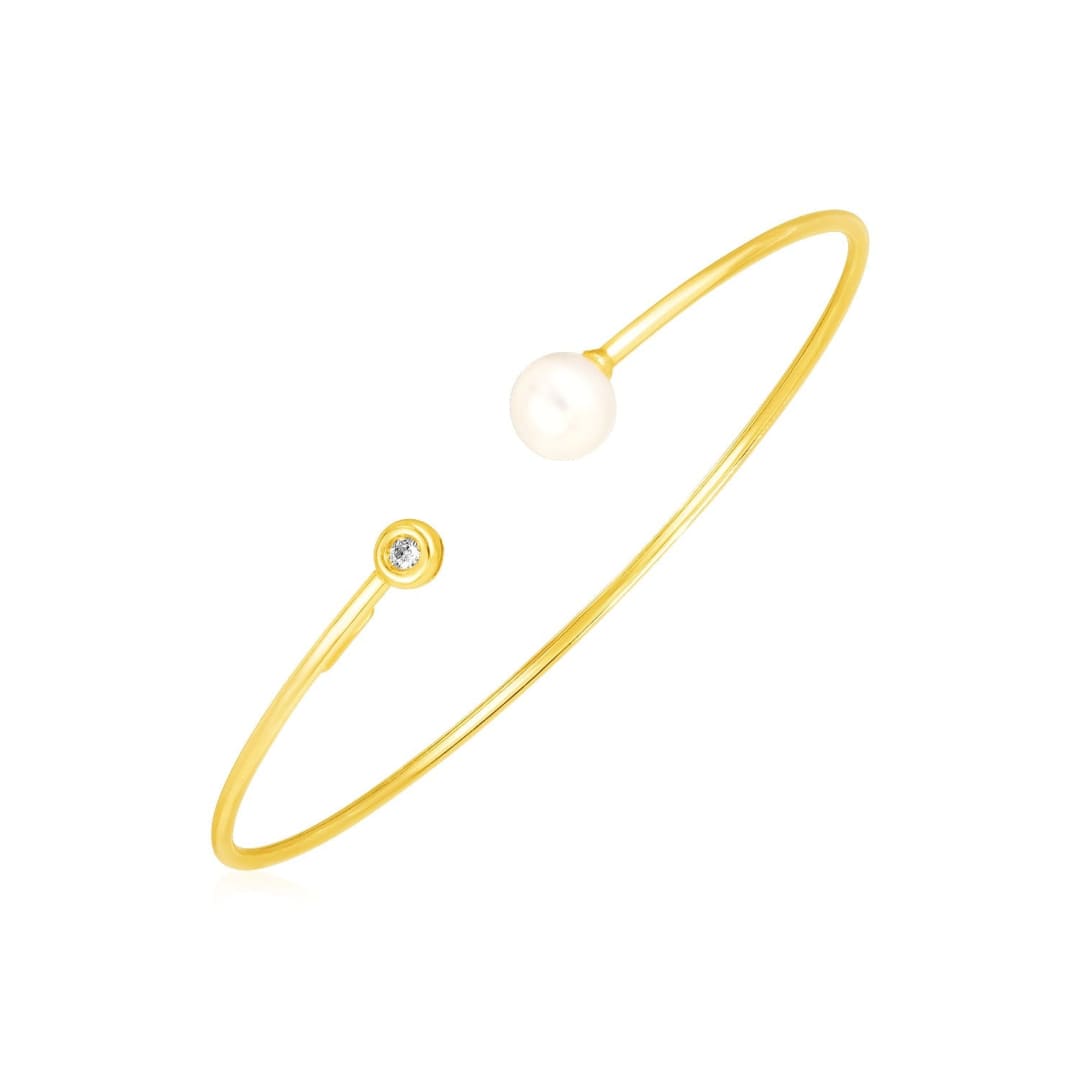 14k Yellow Gold Cuff Bangle with Pearl and Diamond | Richard Cannon Jewelry