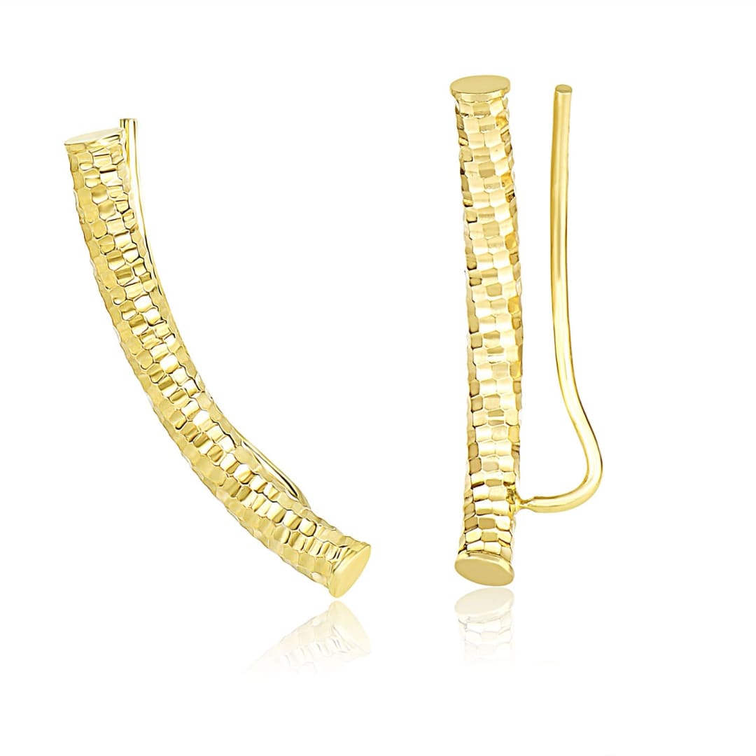 14k Yellow Gold Curved Tube Earrings with Diamond Cuts | Richard Cannon Jewelry