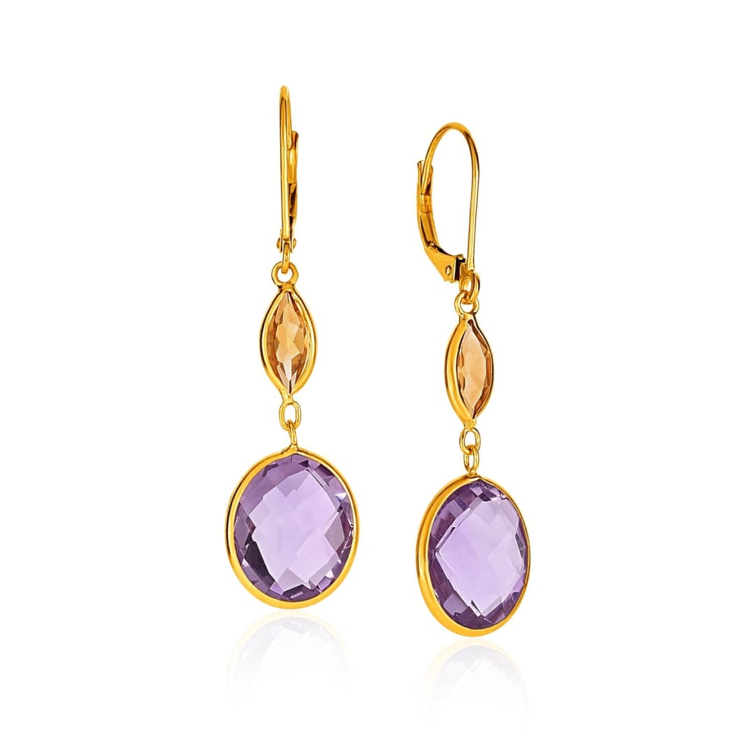 14k Yellow Gold Drop Earrings with Citrine and Amethyst Briolettes | Richard Cannon