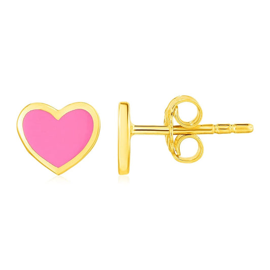 14k Yellow Gold and Enamel Pink Heart Stud Earrings | Richard Cannon Jewelry