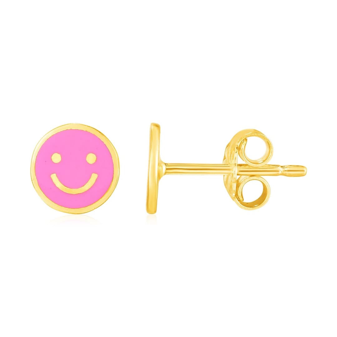 14k Yellow Gold and Enamel Pink Smiley Face Stud Earrings | Richard Cannon Jewelry