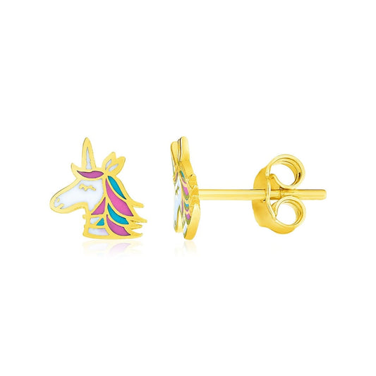 14k Yellow Gold Enameled Unicorn Childrens Earrings | Richard Cannon Jewelry