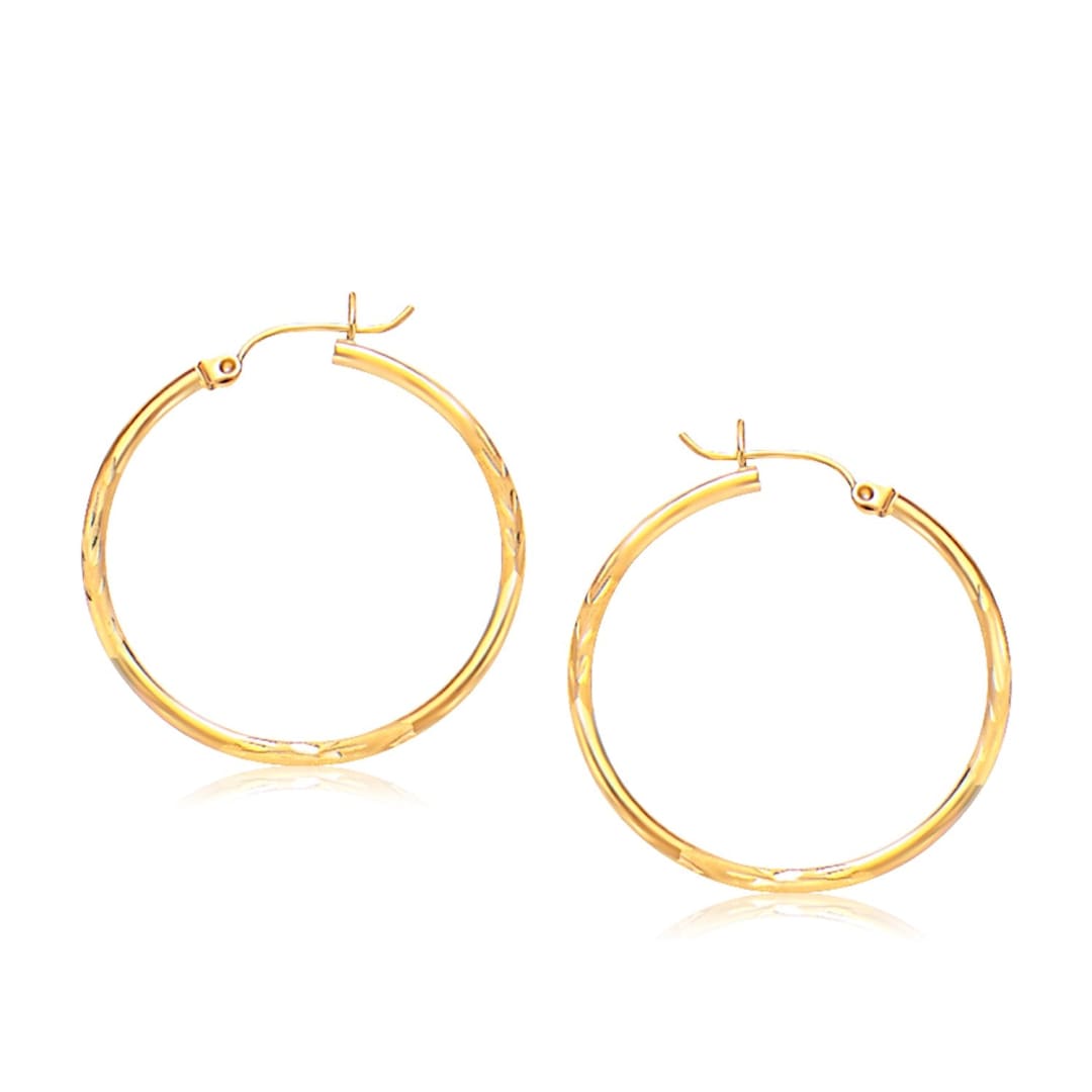 14k Yellow Gold Fancy Diamond Cut Slender Large Hoop Earrings (30mm Diameter) | Richard