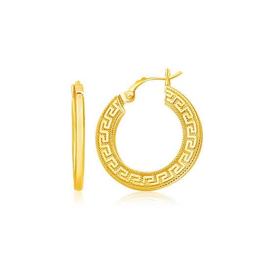 14k Yellow Gold Greek Key Medium Hoop Earrings with Flat Sides | Richard Cannon Jewelry