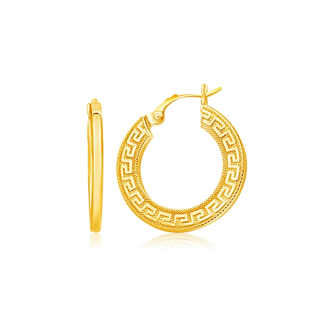 14k Yellow Gold Greek Key Medium Hoop Earrings with Flat Sides | Richard Cannon Jewelry