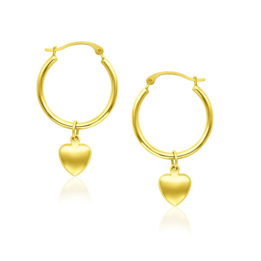 14k Yellow Gold Hoop Earrings with Dangling Puffed Heart | Richard Cannon Jewelry