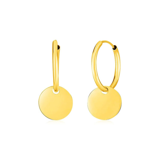 14k Yellow Gold Huggie Style Hoop Earrings with Circle Drops | Richard Cannon Jewelry