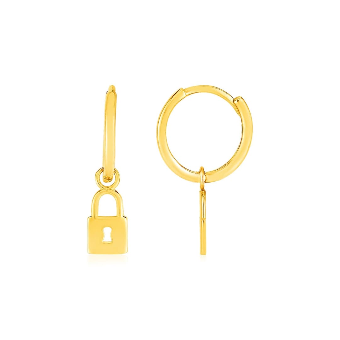 14k Yellow Gold Huggie Style Hoop Earrings with Padlock Drops | Richard Cannon Jewelry