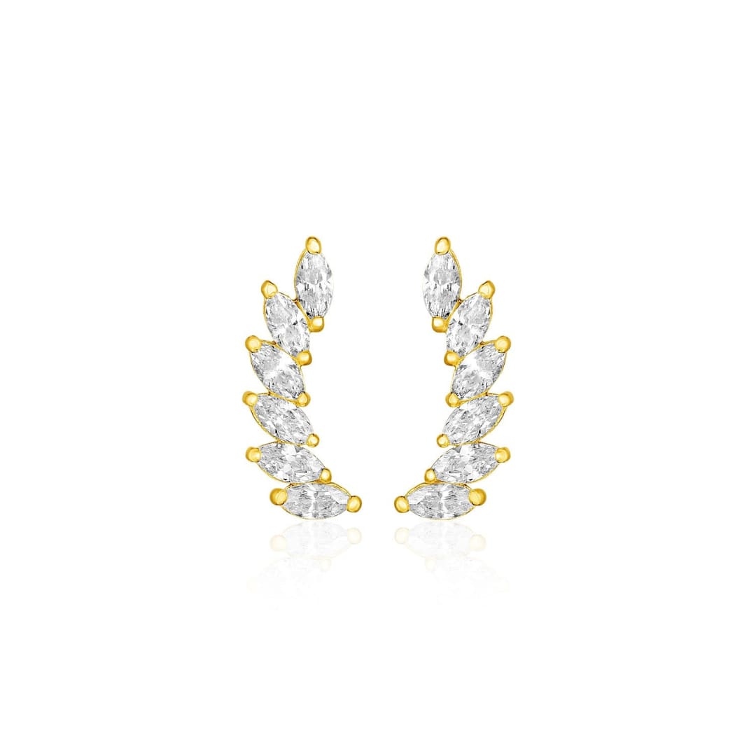 14k Yellow Gold Leaf Motif Climber Post Earrings with Marquise Cubic Zirconias | Richard