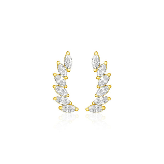 14k Yellow Gold Leaf Motif Climber Post Earrings with Marquise Cubic Zirconias | Richard
