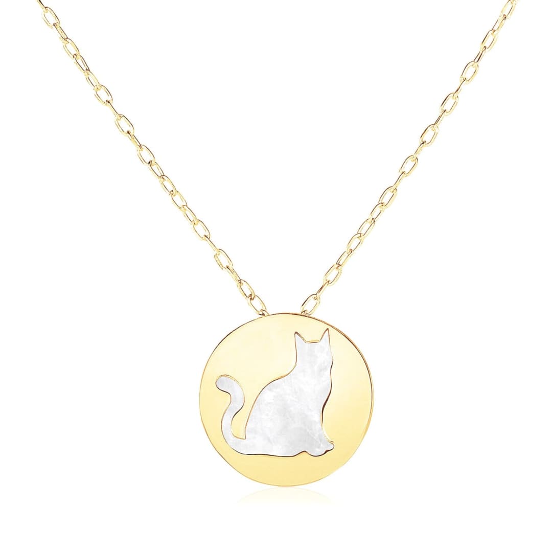 14k Yellow Gold Necklace with Cat Symbol in Mother of Pearl | Richard Cannon Jewelry