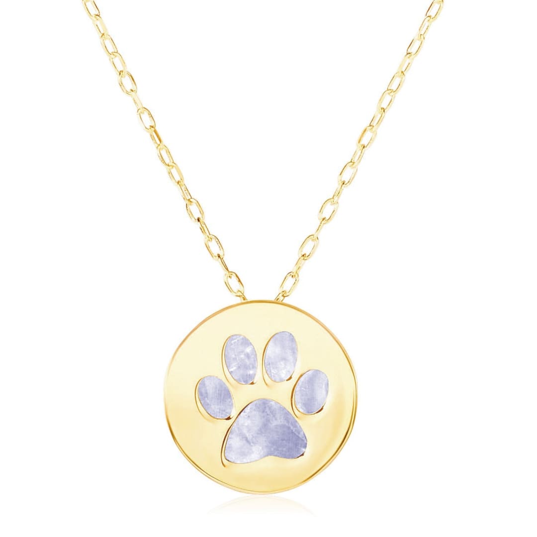 14k Yellow Gold Necklace with Dog Paw Print Symbol in Mother of Pearl | Richard Cannon