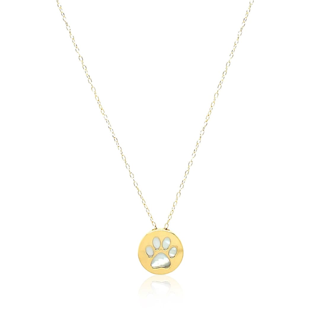 14k Yellow Gold Necklace with Dog Paw Print Symbol in Mother of Pearl | Richard Cannon