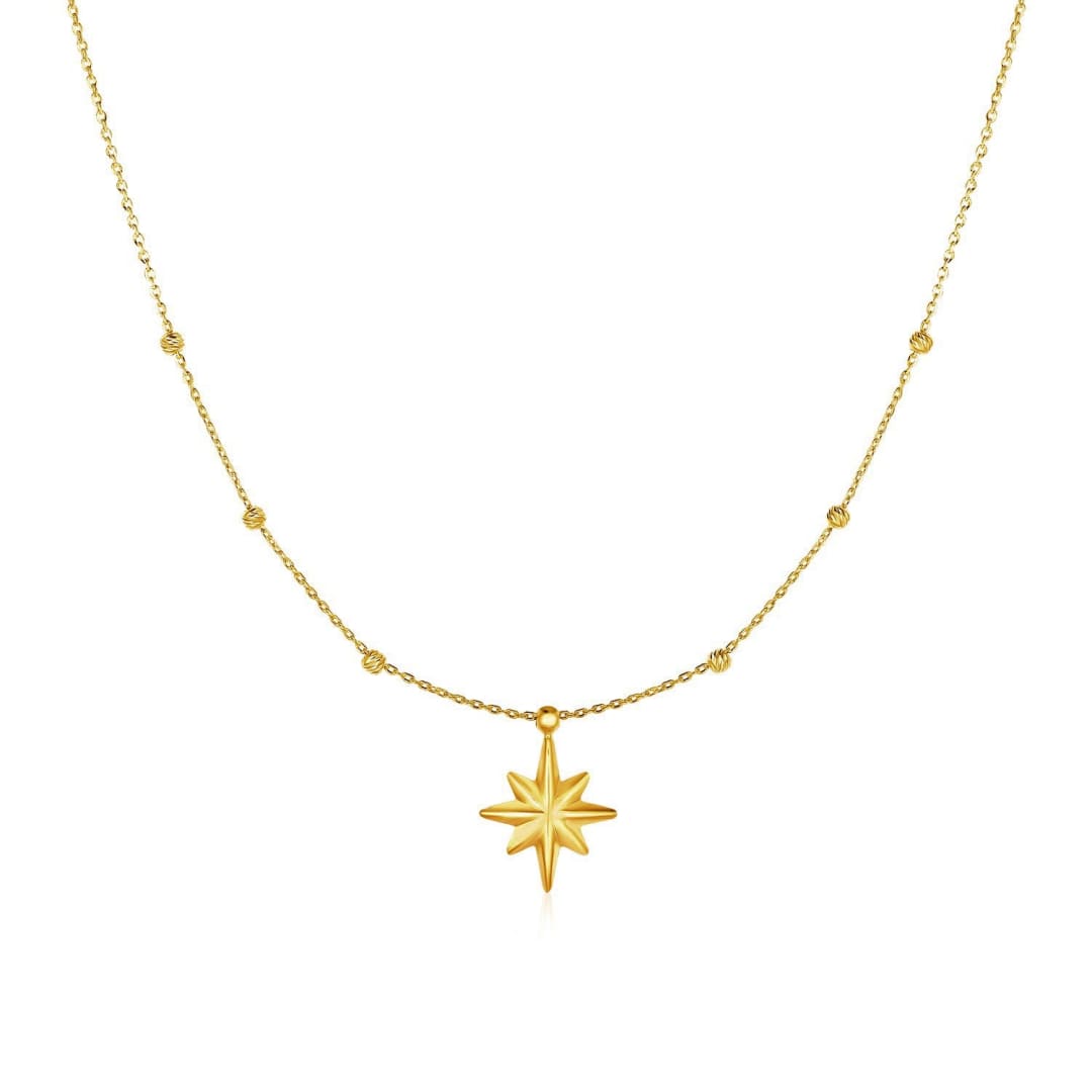 14k Yellow Gold Necklace with Eight Pointed Star and Beads | Richard Cannon Jewelry