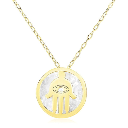 14k Yellow Gold Necklace with Hand of Hamsa Symbol in Mother of Pearl | Richard Cannon