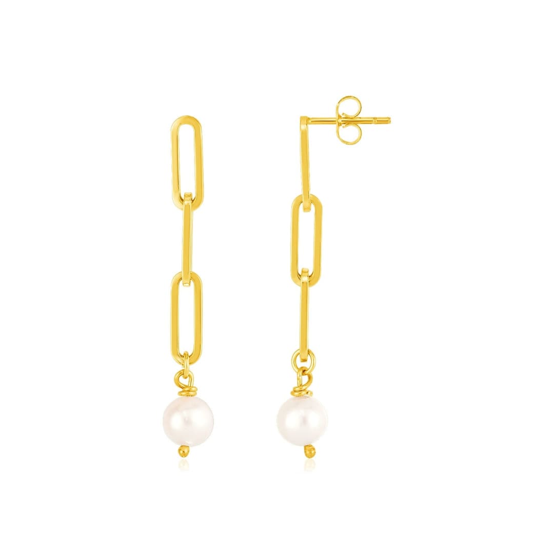 14k Yellow Gold Paperclip Chain Link Earrings with Pearls | Richard Cannon Jewelry