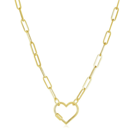 14k Yellow Gold Paperclip Chain Necklace with Heart Carabiner Clasp | Richard Cannon