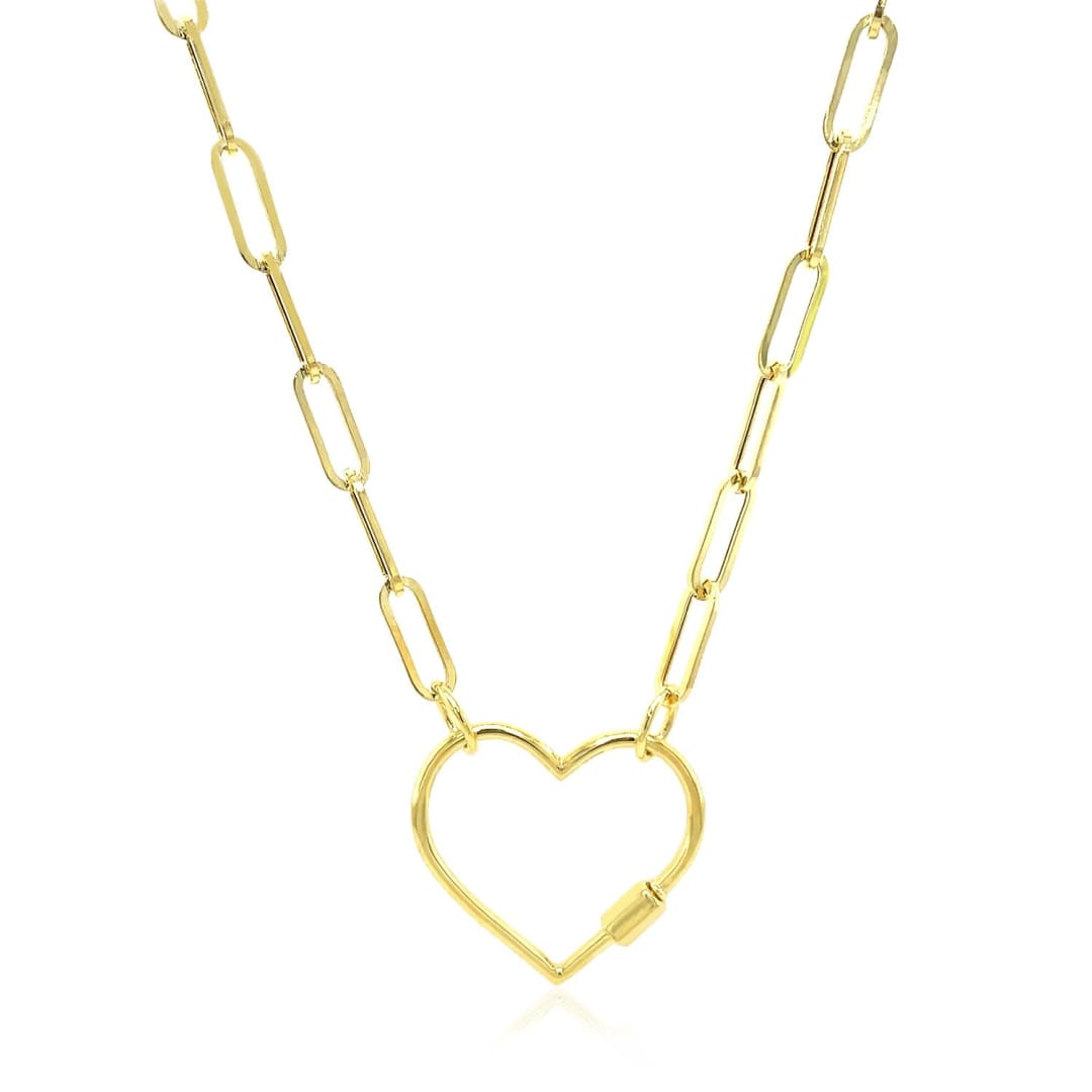 14k Yellow Gold Paperclip Chain Necklace with Heart Carabiner Clasp | Richard Cannon