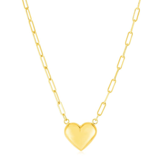 14k Yellow Gold Paperclip Chain Necklace with Puffed Heart | Richard Cannon Jewelry