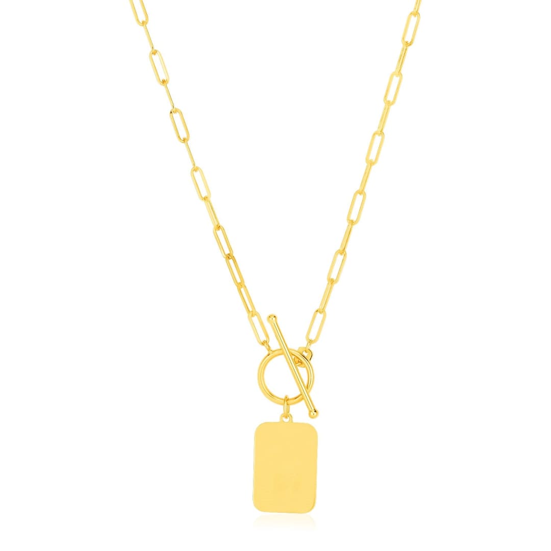 14k Yellow Gold Paperclip Chain Necklace with Rounded Rectangle Pendant | Richard Cannon